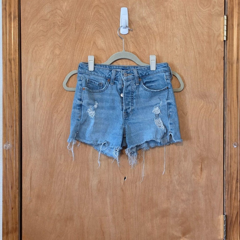 Old Navy OG Straight High Rise Distressed Button Fly Denim Shorts Blue Size 0